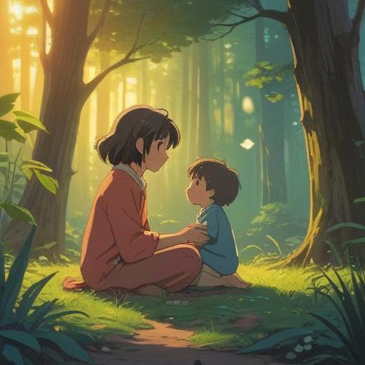 A serene scene depicting a parent and child sharing a moment of connection, warm sunlight filtering through trees, gentle embrace, ethereal glow surrounding them, symbols of love and support, soft expressions conveying understanding, peaceful surroundings, harmony and balance, 4k