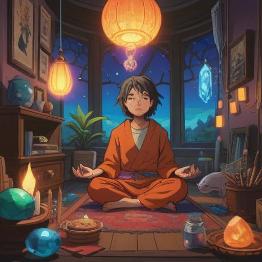 A serene illustration of a person engaged in meditation with their parents, surrounded by spiritual items like crystals and incense, warm light illuminating their faces, intimate connection, nature in the background, harmony and love, peaceful atmosphere, 4k