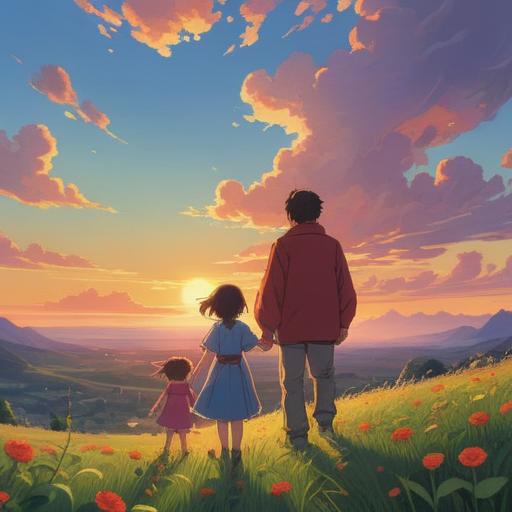 A serene and introspective scene depicting a family reunion, soft glow of sunrise illuminating a peaceful setting, two figures embracing symbolically representing reconciliation, gentle flowing river nearby symbolizing healing, lush greenery surrounding them symbolizing growth and understanding, ethereal light creating a sense of spirituality, inviting atmosphere, 4k