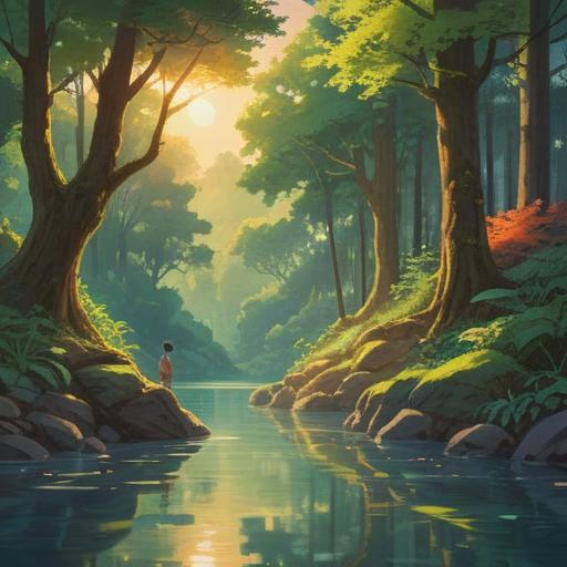 A serene and spiritual scene depicting the moment of reconciliation between parent and child, warm sunlight filtering through lush trees, a calm river reflecting the sky, symbols of peace surrounding them, gentle expressions on their faces, soft ethereal glow, harmonious connection, tranquil atmosphere, emotional bond, 4k