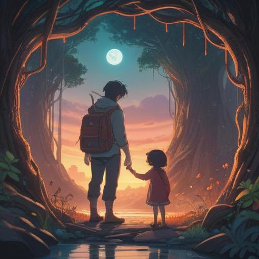 A serene and contemplative scene depicting the spiritual connection between a parent and child, ethereal light surrounding them, symbolic elements representing love and guidance, a gentle embrace conveying deep emotional bonds, tranquil nature setting with soft hues, harmonious energy flow, 4k