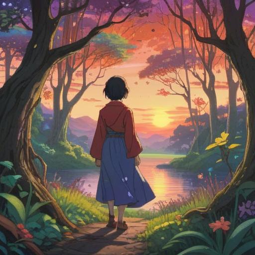 A contemplative scene depicting a person in a serene landscape, gentle light breaking through the trees, representing spiritual transformation, a subtle connection with a parent figure, ethereal energy surrounding them, warm colors, peaceful atmosphere, deep emotional expression, 4k