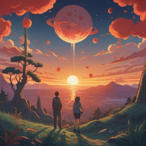 A spiritual illustration depicting the concept of conflicts as signs for growth, a serene landscape with a rising sun symbolizing new beginnings, two figures standing in a peaceful yet tense stance, surrounded by nature, ethereal light illuminating their connection, deep emotional expressions, harmony and contrast, 4k