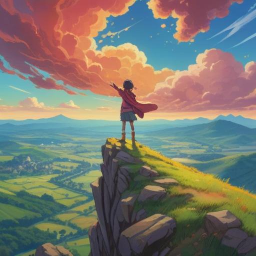 A serene landscape depicting a person standing on a hilltop, arms outstretched towards the sky, symbolizing liberation and self-discovery, vibrant colors representing hope and freedom, gentle breeze blowing through tall grass, soft sunlight illuminating the scene, peaceful expression on the character's face, 4k resolution