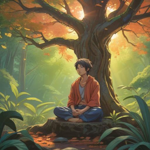 A serene illustration depicting a person sitting in meditation under a large, ancient tree, soft rays of sunlight filtering through the leaves, symbols of spiritual growth like blooming flowers and glowing orbs surrounding them, a sense of peace and wisdom in the air, vibrant colors, detailed textures, harmonious atmosphere, 4k