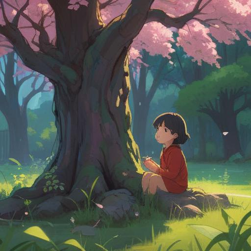 A serene and reflective illustration, a parent and child sitting together under a blooming tree, ethereal light filtering through the leaves, gentle expressions conveying understanding, subtle spiritual symbols in the background, an ambiance of connection and mindful presence, peaceful atmosphere, vibrant colors, harmony between generations, 4k