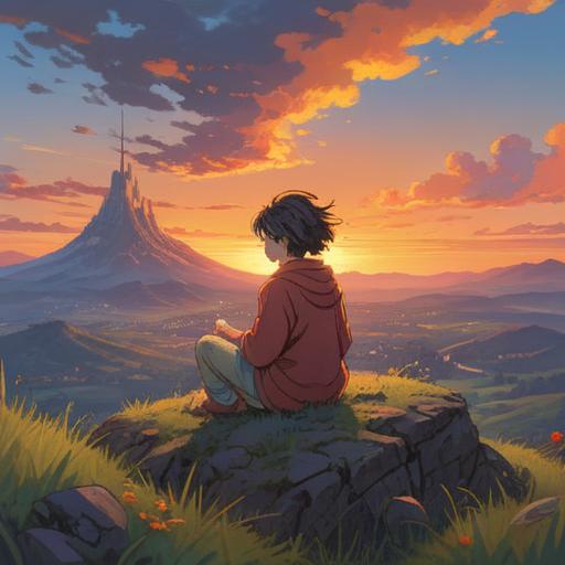 A serene and introspective scene, a person sitting cross-legged on a hilltop at sunset, vibrant colors of the sky blending together, surrounded by glowing orbs symbolizing spiritual insights, a gentle breeze rustling the grass, a calm expression on the person's face, representing inner peace and acceptance, contrasting emotions visualized through shadowy figures in the background, 4k