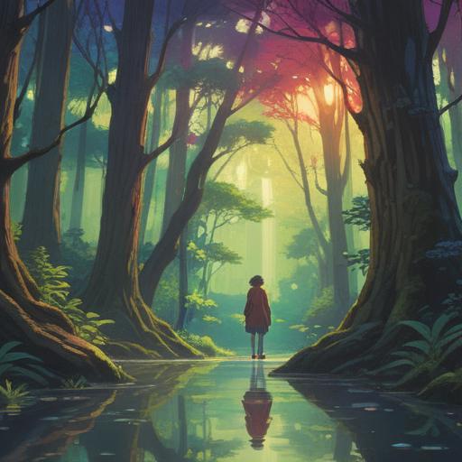 A serene and introspective scene depicting a person engaging in self-reflection, soft natural light filtering through trees, gentle breeze rustling leaves, a journal open with handwritten notes, symbols of personal growth like a budding flower, peaceful lakeside setting, calm water surface, warm and inviting atmosphere, capturing the essence of healing relationships with parents, 4k