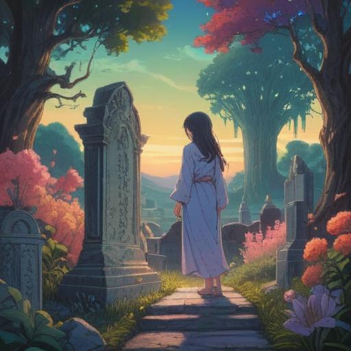 A serene and reflective scene, a gentle light illuminating a figure standing by a gravesite, vibrant flowers surrounding the grave, ethereal spirits swirling softly in the air, a sense of peace and acceptance, uplifting energy, connections between the living and the spiritual realm, 4k