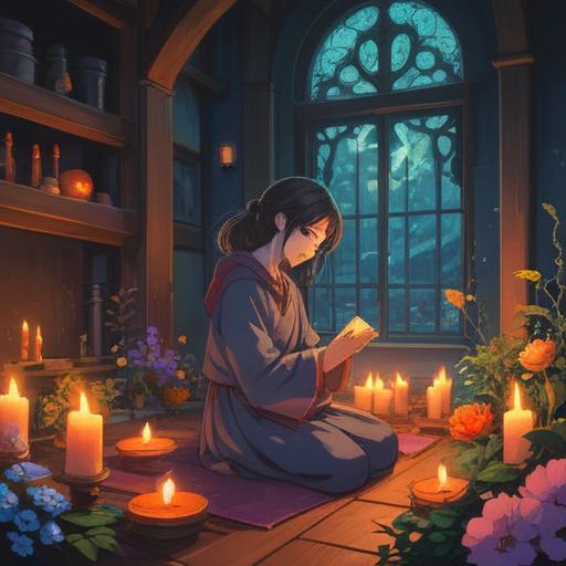A serene and contemplative scene depicting a person engaging in a ritual of remembrance, surrounded by soft candlelight, gentle flowers scattered around, a peaceful outdoor setting with lush greenery, symbolic gestures of healing and hope, a warm and tranquil atmosphere, emotional depth, 4k