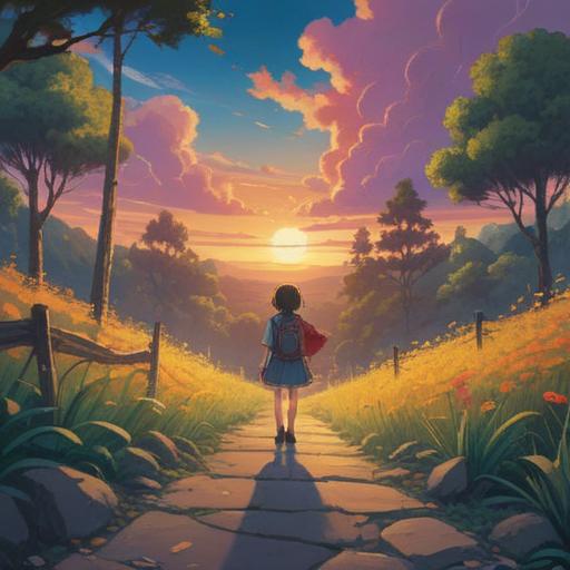 A serene landscape depicting a young person standing at a crossroads, soft light illuminating the path ahead, symbolizing hope and new beginnings, gentle breeze rustling through the trees, imagery of butterflies representing transformation, distant mountains symbolizing resilience, emotional depth in their expression, vibrant flowers blooming along the path, 4k