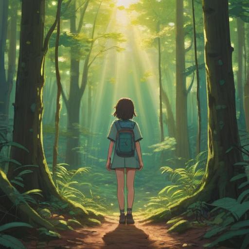 A serene and introspective scene, a young adult standing at the edge of a tranquil forest, gentle rays of sunlight filtering through the trees, symbolizing personal growth and distance, soft mist enveloping the surroundings, reflective expression on the character's face, vibrant greenery, a sense of liberation and spiritual awakening, 4k