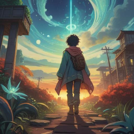 A serene and introspective scene depicting a person standing at a crossroads, surrounded by ethereal light, symbolic representations of healing and growth, soft aura radiating from the individual, gentle breeze rustling leaves, mystical forest backdrop, harmonious balance between solitude and connection, spiritual enlightenment, 4k