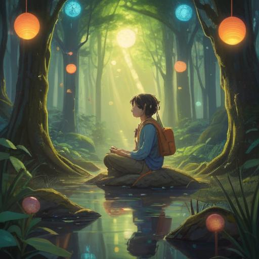 A serene and mystical landscape, a person meditating alone in a tranquil forest, surrounded by glowing orbs of light, ethereal aura, gentle rays of sunlight filtering through the trees, sense of peace and self-discovery, vibrant colors, calming atmosphere, spiritual journey, 4k
