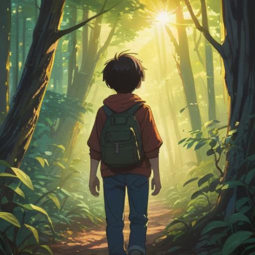 A heartfelt scene depicting a young person standing at a distance from their parents, the sunlight filtering through trees, symbolizing growth and introspection, serene expression, a path leading forward, soft focus on the parents in the background, vibrant nature surrounding, capturing the essence of self-discovery, emotional depth, 4k
