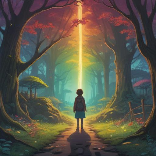 A serene, contemplative scene depicting the spiritual journey of cutting ties with parents, a person standing at a crossroads, light breaking through dark clouds, symbolic representations of freedom and independence, ethereal aura surrounding the figure, lush nature in the background, 4k