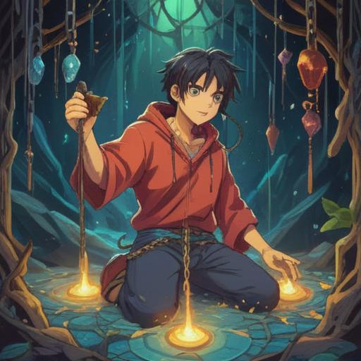 A serene and uplifting illustration of a person breaking free from chains, surrounded by glowing spiritual tools like crystals and incense, a radiant aura of light enveloping them, symbolic representations of freedom and healing, soft pastel colors, harmonious and peaceful atmosphere, 4k