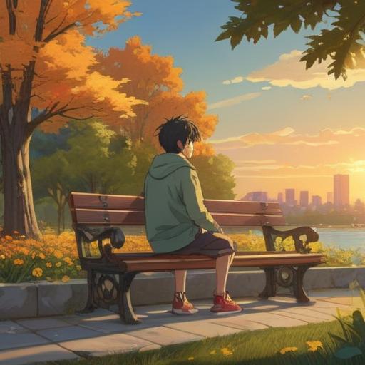 A reflective scene of a young adult sitting on a park bench, looking contemplative while watching children play with their parents, golden hour lighting, lush green trees in the background, soft breeze, a gentle reminder of the bond between parents and children, emotions of nostalgia and introspection, 4k