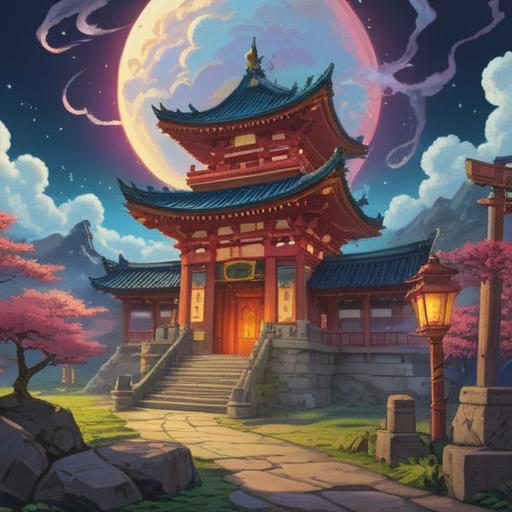 A mystical scene depicting the Shinto shrine of the Eight Dragon Kings, surrounded by ethereal clouds and shimmering lights, vibrant dragon motifs integrated into the architecture, serene atmosphere, devotees engaging in prayer and meditation, nature intertwining with spirituality, symbols of good fortune and protection, lush greenery and a tranquil pond reflecting the shrine, 4k