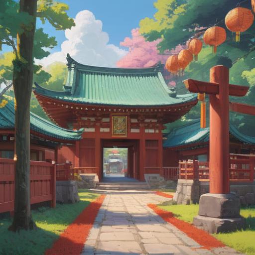 A serene scene at the Shinjyu Hachidai Ryuo Shrine, vibrant and colorful lucky charms displayed at the entrance, people dressed in traditional Japanese attire, peaceful atmosphere, cherry blossoms gently falling, sunlight filtering through the trees, intricate details of the shrine architecture, various symbols of luck and prosperity, 4k