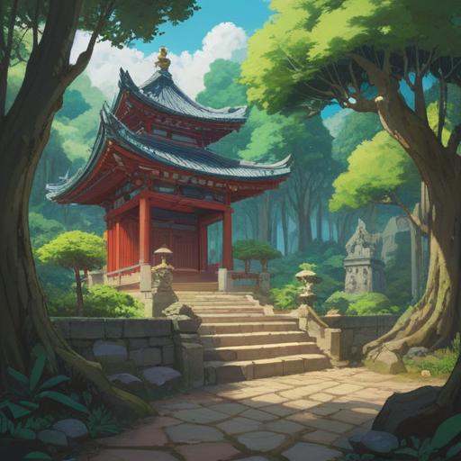 A serene illustration of a tranquil shrine visit, peaceful atmosphere, vivid green trees surrounding the 神龍八大龍王神社, worshippers meditating, soft sunlight filtering through leaves, gentle flowing stream nearby, people reflecting on their thoughts, harmonious connection with nature, sense of calm and balance, detailed architecture of the shrine, 4k