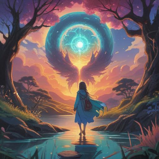 A serene landscape featuring a guardian spirit symbolizing protection, gentle light illuminating the scene, soft pastel colors, divine presence in the form of a shimmering aura, subtle signs of nature indicating spiritual guidance, tranquil atmosphere, harmonious connection between nature and the divine, 4k