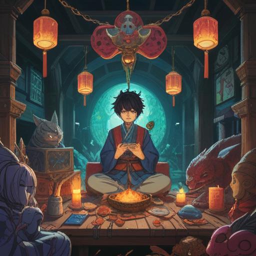 A vibrant and enchanting scene depicting a person performing lucky actions to win the favor of a god, surrounded by sacred symbols and offerings, lush greenery and blooming flowers, rays of sunlight filtering through the trees, a serene atmosphere, joyful expressions, mystical elements, traditional Japanese elements, colorful and uplifting details, 4k