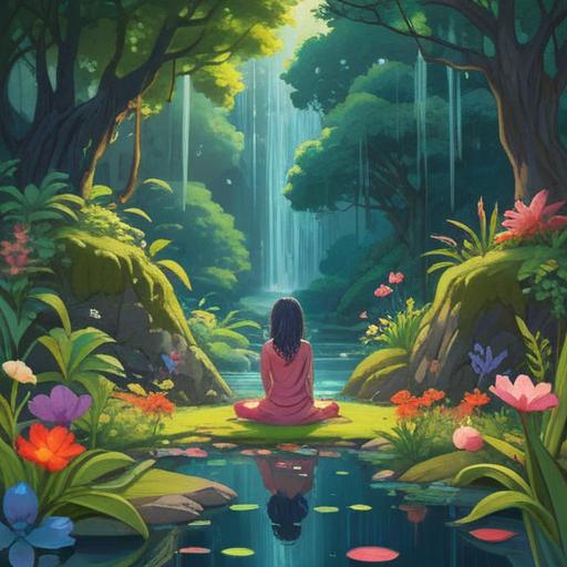 A serene illustration depicting a person meditating in a tranquil garden, surrounded by vibrant nature, cascading water, blooming flowers, soft sunlight filtering through trees, relaxed posture, a sense of peace and mindfulness, various activities like reading, journaling, and exercising in the background, inviting atmosphere, 4k