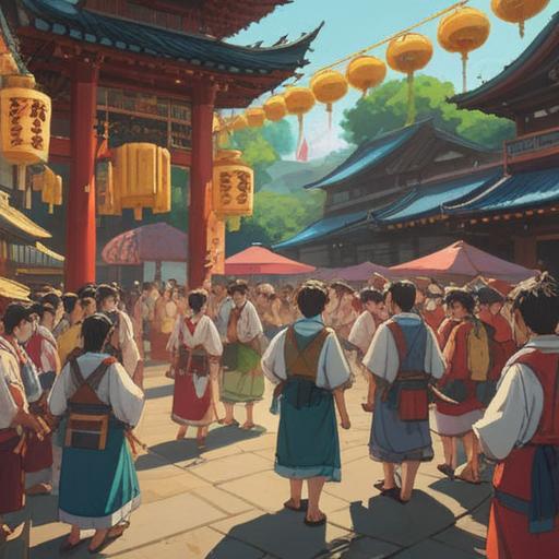 A spiritual gathering around a traditional mikoshi, symbolic energy emanating from the shrine, participants dressed in vibrant festival attire, reverent expressions, a sense of connection to the divine, sunlight filtering through the trees, serene atmosphere, deep cultural significance, 4k