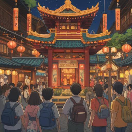 A vibrant festival scene featuring a traditional portable shrine (mikoshi), adorned with colorful decorations, surrounded by enthusiastic participants dressed in traditional attire, carrying the mikoshi with reverence, spiritual energy radiating from the shrine, bright sunlight illuminating the scene, joyous expressions, harmonious atmosphere, 4k