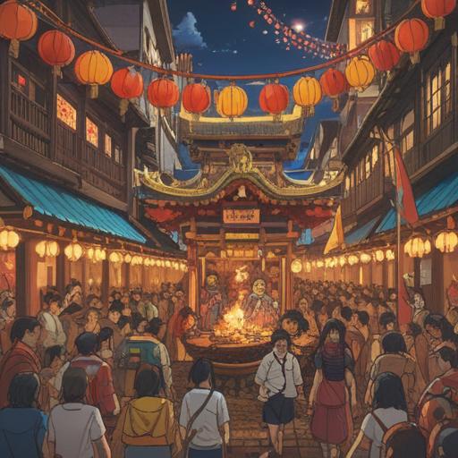 A vibrant scene depicting a traditional Japanese festival, an ornate mikoshi being paraded through a lively crowd, bright decorations and flags fluttering in the breeze, people dressed in colorful festival attire, a beautiful lucky stone shining prominently, surrounded by festive lanterns, joyful expressions on faces, rich cultural atmosphere, intricate details, 4k