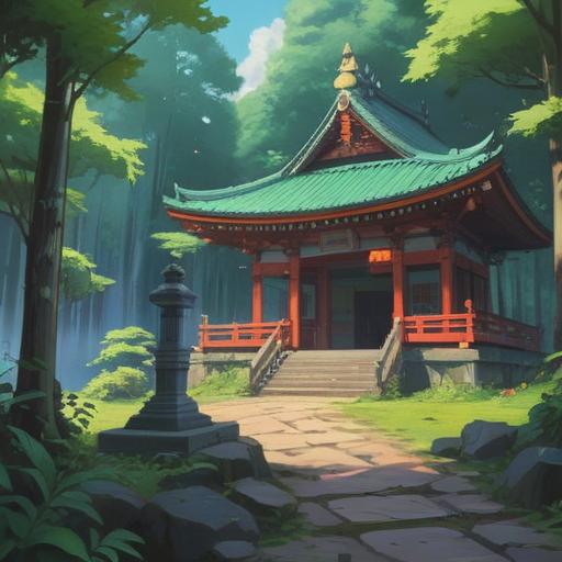 A serene landscape featuring Shinmeijinja Shrine, surrounded by lush green trees, ethereal light filtering through the leaves, traditional Japanese architecture with intricate details, a tranquil atmosphere, symbols of spirituality and connection to nature, peaceful shrine grounds, timeless beauty, 4k
