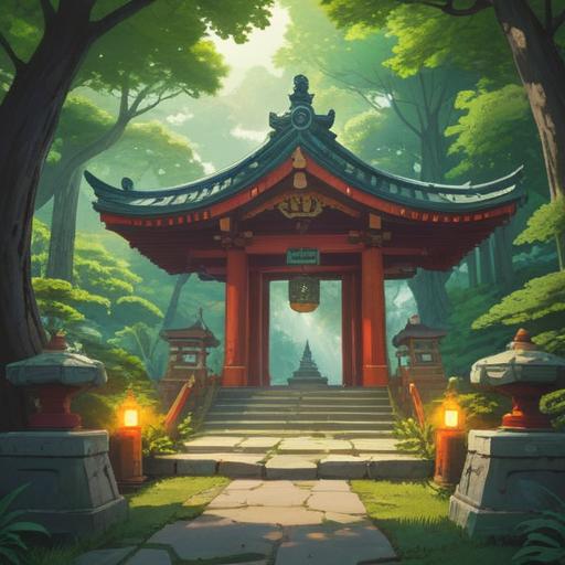 A serene illustration of Shinmei Shrine, surrounded by lush greenery and ancient trees, a soft glow emanating from the shrine's altar, mystical symbols in the air, tranquil atmosphere, visitors meditating in peace, vibrant yet calming colors, harmonious connection with nature, spiritual signs depicted subtly in the surroundings, 4k
