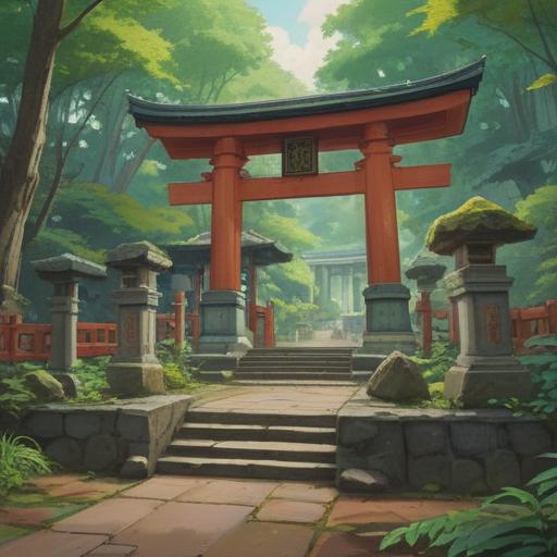 A serene and mystical scene of a visit to Shinmei Shrine, surrounded by lush greenery and ancient trees, a tranquil torii gate in the foreground, soft rays of sunlight filtering through the branches, subtle spiritual symbols floating in the air, a peaceful atmosphere, rich cultural details, vibrant and calming colors, 4k
