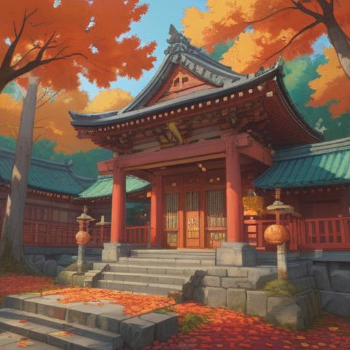 A serene illustration of a Shinto shrine, vibrant autumn leaves, visitors performing traditional rituals, offerings placed at the altar, peaceful atmosphere, sunlight filtering through trees, detailed stone lanterns, rich cultural heritage, enhancing spiritual blessings, harmonious connection with nature, 4k