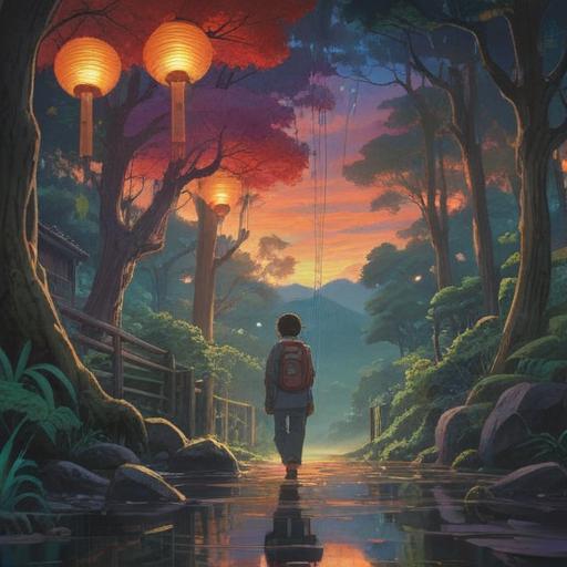 A spiritual and introspective scene depicting Masaki Kanda, surrounded by ethereal light, serene expressions, traditional Japanese elements, nature-inspired motifs, harmonious atmosphere, uplifting energy, deep symbolism, tranquil setting, vibrant colors, 4k