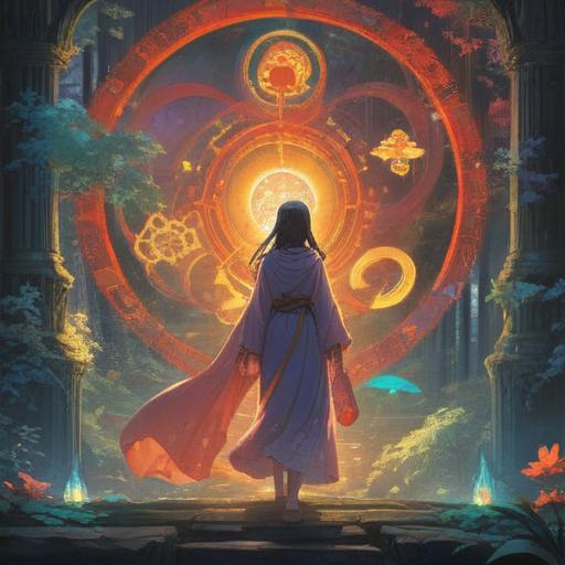 A serene and mystical illustration depicting the essence of spiritual signs brought by Masaki Kanda, ethereal glow, symbols of enlightenment, peaceful nature setting, harmonious balance, gentle light filtering through trees, presence of wisdom, uplifting atmosphere, intricate details, high resolution