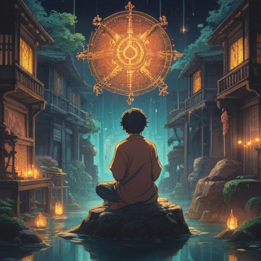 A serene illustration of spiritual signs associated with Masaki Kanda, ethereal symbols glowing in the background, a tranquil atmosphere, soft light filtering through trees, a contemplative figure in traditional Japanese clothing observing the signs, detailed natural surroundings, harmony with nature, 4k