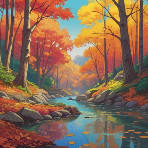 A serene landscape showcasing a diverse collection of colorful autumn leaves, gently falling from trees, a winding river reflecting the vibrant colors, people enjoying a peaceful picnic under a large oak tree, sense of togetherness and harmony, warm sunlight illuminating the scene, tranquil atmosphere, 4k