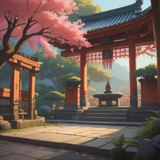 A serene and tranquil scene featuring a traditional Shinto altar, vibrant sakaki branches in full bloom, representing spiritual vitality, soft light illuminating the space, intricate details of the altar's decorations, sense of divine protection and connection, surrounded by a peaceful ambiance, nature's harmony, 4k