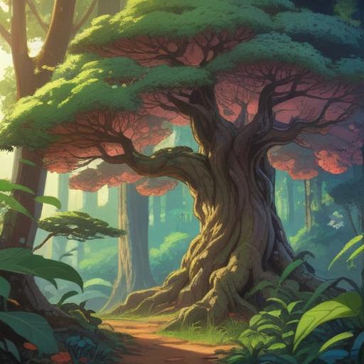 A serene forest scene, a healthy sakaki tree surrounded by vibrant greenery, subtle spiritual symbols in the background, gentle sunlight filtering through leaves, calming atmosphere, signs of good luck and vitality, 4k