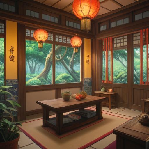 A serene indoor scene featuring a beautifully arranged kamidana, lush and vibrant sakaki branches, symbolizing good fortune, soft sunlight illuminating the shrine, intricate details of traditional Japanese decor, peaceful atmosphere, respect for nature, harmony, 4k