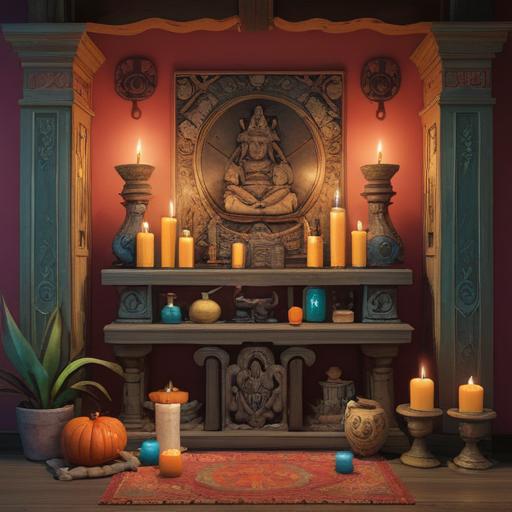 A serene and inviting home altar scene, featuring a beautifully decorated god shelf, symbolic items for attracting good fortune, candles softly lit, fresh flowers arranged, traditional ornaments, warm wooden tones, peaceful atmosphere, harmonious design, tranquil lighting, 4k