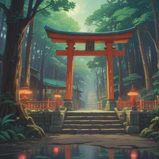A serene landscape featuring the Kamibayama Shrine, surrounded by lush greenery and towering trees, a misty atmosphere enveloping the shrine, symbolic torii gate leading to the entrance, tranquil stream flowing nearby, ethereal light filtering through the branches, peaceful aura exuding from the setting, deep connection to spirituality and nature, 4k