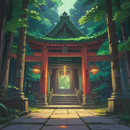 A serene and mystical depiction of Kamiyama Shrine, lush green surroundings, glowing spiritual symbols, ethereal light filtering through the trees, tranquil atmosphere, visitors in peaceful meditation, ancient stones with inscriptions, connection to nature, harmonious energy, 4k