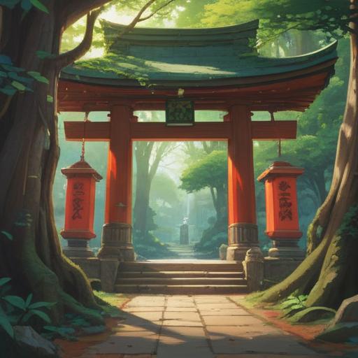 A serene scene at Kamiyama Shrine, mystical atmosphere, gentle sunlight filtering through ancient trees, subtle spiritual symbols in the environment, a sense of tranquility and connection, visitors observing their surroundings thoughtfully, hints of divine presence, lush greenery, traditional shrine architecture, 4k