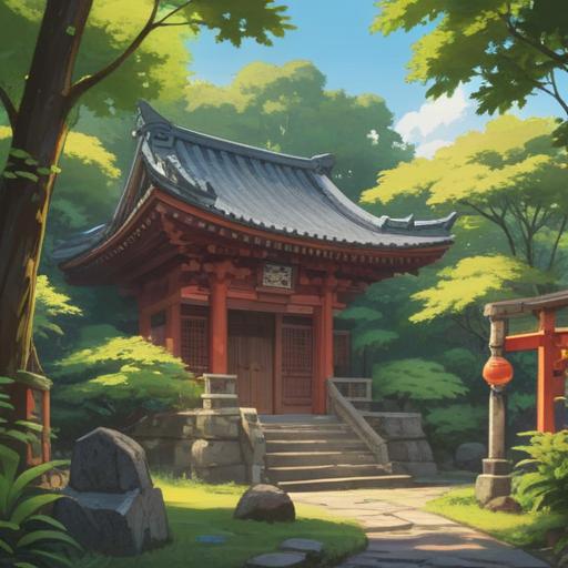 A serene illustration of a traditional Japanese shrine, surrounded by lush greenery, a visitor holding a lucky charm, soft sunlight filtering through the trees, vibrant colors of the charm and the shrine, calm atmosphere, detailed wooden architecture, spiritual essence, enchanting landscape, 4k