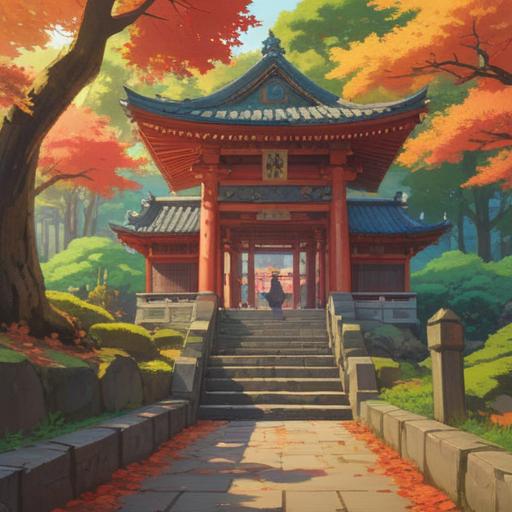 A serene scene of Kamiyama Shrine, surrounded by lush greenery, vibrant autumn leaves, traditional Japanese architecture, soft sunlight filtering through the trees, peaceful atmosphere, visitors offering prayers, elegant torii gate, picturesque stone pathway, sense of nostalgia, high detail, 4k