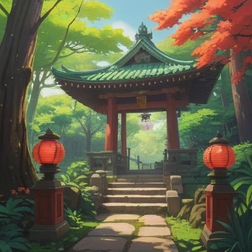 A serene Shinto shrine surrounded by lush greenery, cicadas chirping in the background, spiritual atmosphere, sunlight filtering through the leaves, traditional Japanese architecture, vibrant nature, tranquil environment, symbols of spirituality and nature, 4k