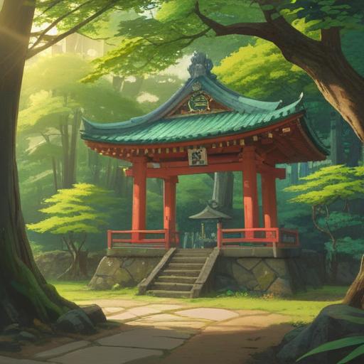 A serene scene at a Shinto shrine, vibrant green trees, soft sunlight filtering through the leaves, cicadas perched on the branches, the tranquil atmosphere of nature, spiritual symbolism of renewal and blessings, a path leading to the shrine, subtle hints of traditional Japanese architecture, peaceful and reflective mood, 4k